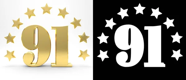 Golden number ninety one on white background with drop shadow and alpha channel , decorated with a circle of stars. 3D illustration — Stock Photo, Image