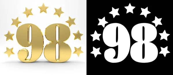 Numéro d'or quatre-vingt-dix-huit sur fond blanc avec ombre portée et canal alpha, décoré d'un cercle d'étoiles. Illustration 3D — Photo