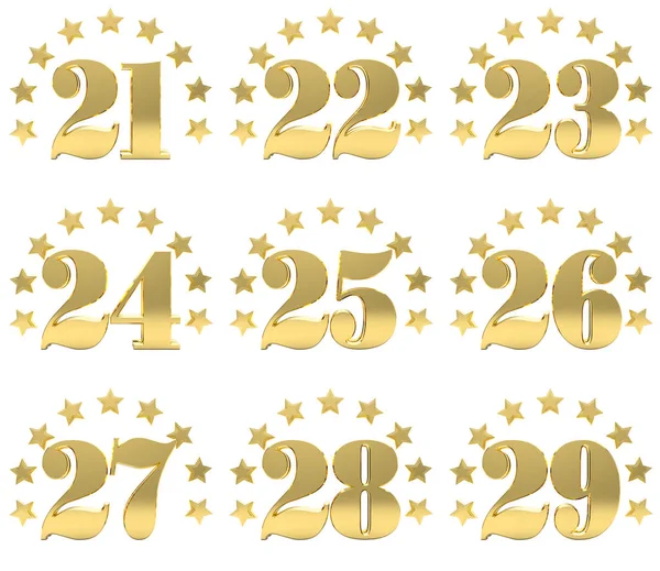 Set di cifre dorate da ventuno a ventinove, decorato con un cerchio di stelle. Illustrazione 3D — Foto Stock