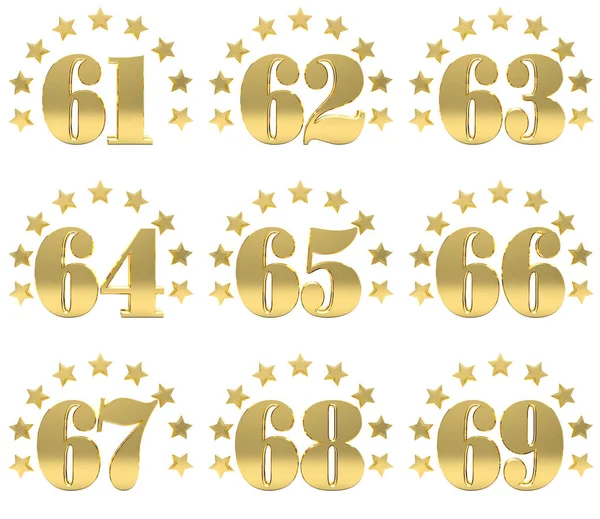 Набор золотых цифр от шестидесяти одного до шестидесяти девяти, украшенных кругом звезд. 3D иллюстрация — стоковое фото