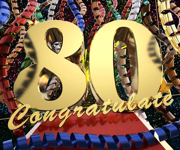 Número de oro ochenta con las palabras felicitaciones en un fondo de cintas de colores y saludo. Ilustración 3D —  Fotos de Stock