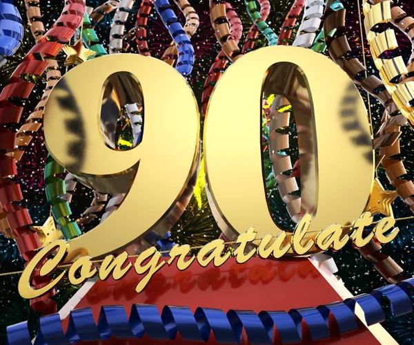 Oro número noventa con las palabras felicitaciones en un fondo de cintas de colores y saludo. Ilustración 3D —  Fotos de Stock