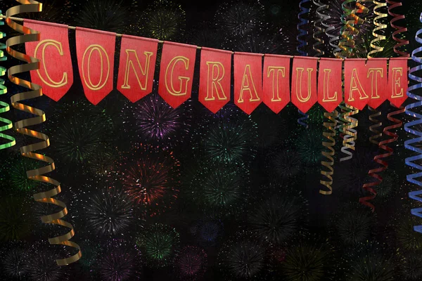 Ribbon streamers and red flags with word "congratulate" on a gold rope on the background of the night sky and fireworks. 3D illustration — Stock Photo, Image