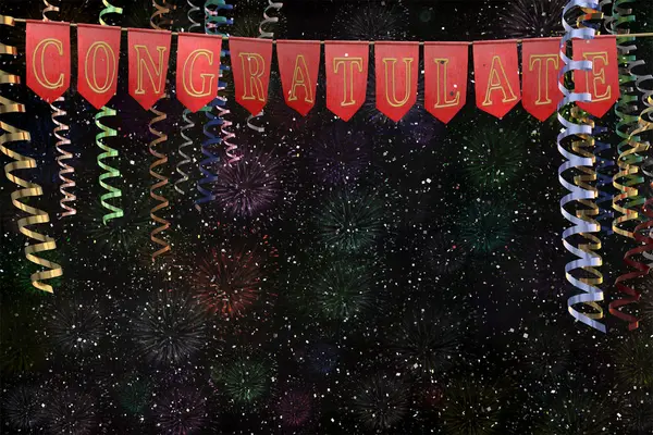 Ribbon streamers and red flags with word "congratulate" on a gold rope on the background of the night sky and fireworks. 3D illustration — Stock Photo, Image