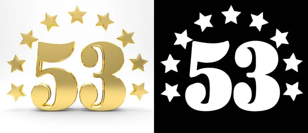 Gouden nummer vijftig drie op witte achtergrond met slagschaduw en alfakanaal, versierd met een cirkel van sterren. 3D illustratie — Stockfoto