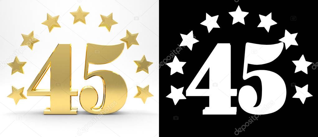 Golden number forty five on white background with drop shadow and alpha channel , decorated with a circle of stars. 3D illustration