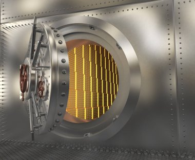 Kapıyı açık kasa. Altın da kasada. 3D çizim