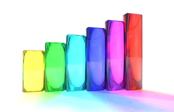 Gráfico de barras con columnas de colores translúcidos. Ilustración 3D — Foto de Stock