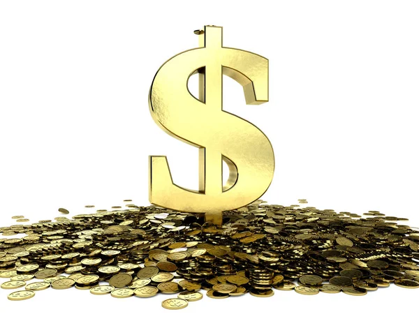 Σύμβολο δολαρίου σε έναν σωρό των νομισμάτων με το σύμβολο του δολαρίου ανάγλυφο. 3D απεικόνιση — Φωτογραφία Αρχείου