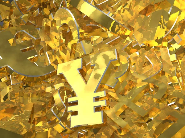 Simboli di valuta d'oro sul mucchio. Illustrazione 3D — Foto Stock