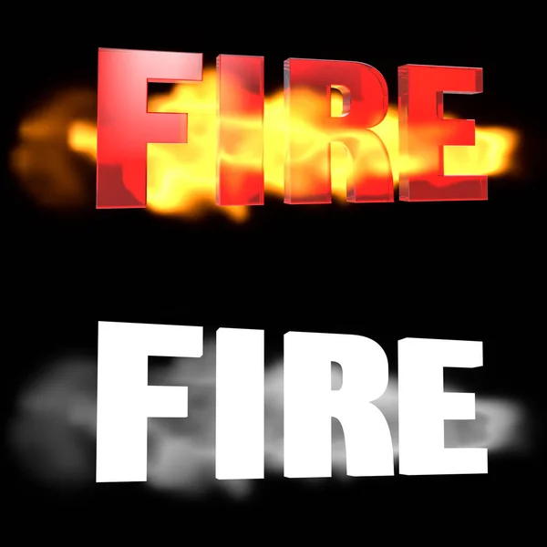 Η λέξη φωτιά σε φόντο της φωτιάς. Κανάλι άλφα. 3D απεικόνιση — Φωτογραφία Αρχείου