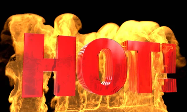 Das Wort heiß auf dem Hintergrund des Feuers. mit Alpha-Kanal. 3D-Illustration — Stockfoto