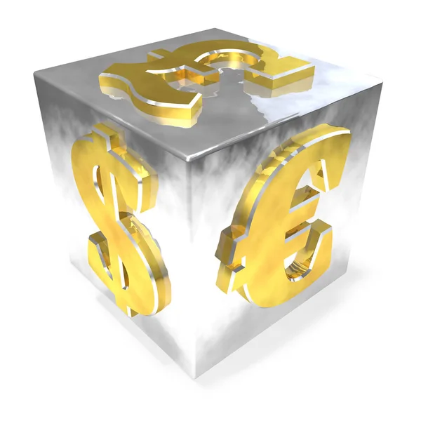 Dadi finanziari metallici sullo sfondo bianco. Illustrazione 3D — Foto Stock