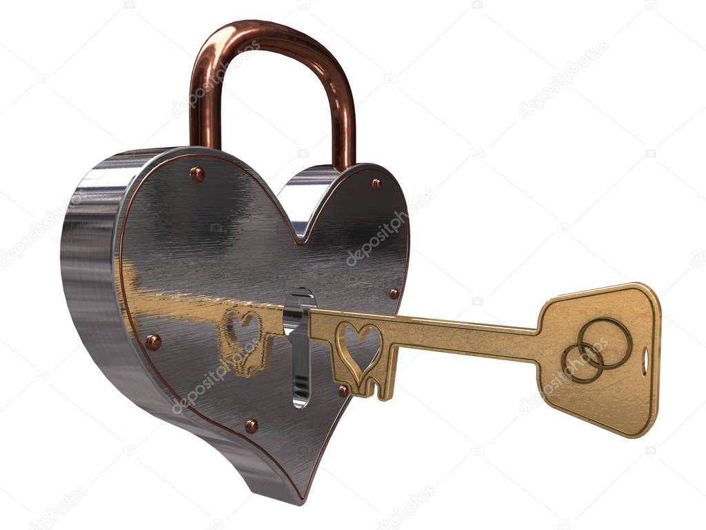Lock in the shape of a heart with a golden key. 3d illustration