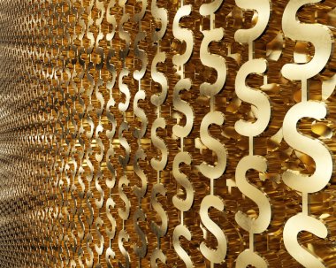 Altın dolar sembolleri ile arka plan. 3D çizim
