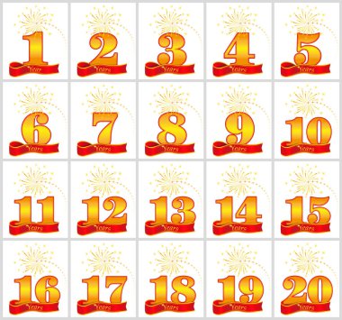 1 altın sayı kümesi 20 ve yıl word kırmızı kurdele arka plan üzerinde. Vektör çizim.
