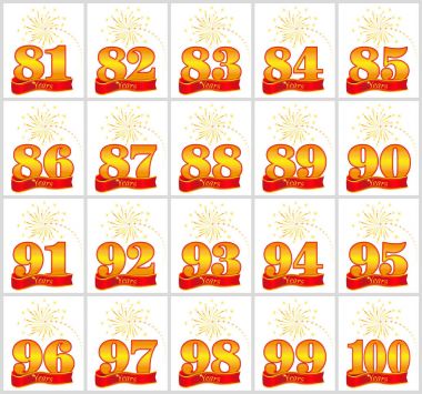 81 den altın sayı kümesi 100 ve yıl word kırmızı kurdele arka plan üzerinde. Vektör çizim.