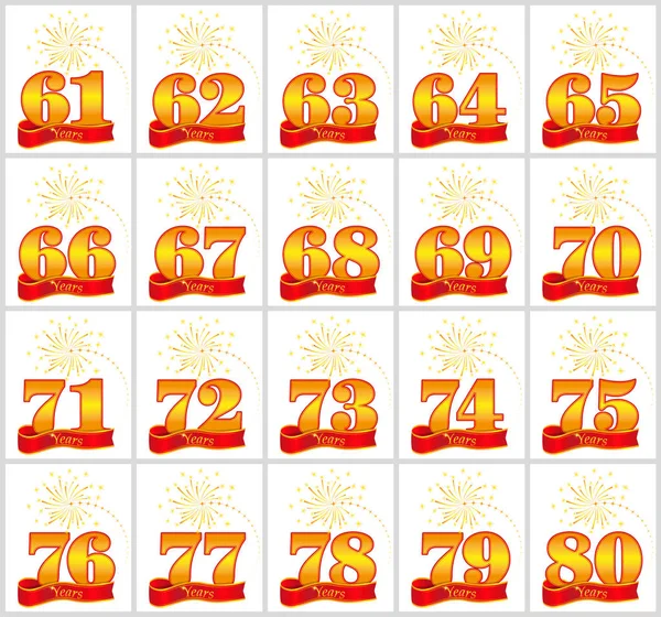 Set di numeri d'oro da 61 a 80 e la parola dell'anno sullo sfondo di un nastro rosso. Illustrazione vettoriale . — Vettoriale Stock