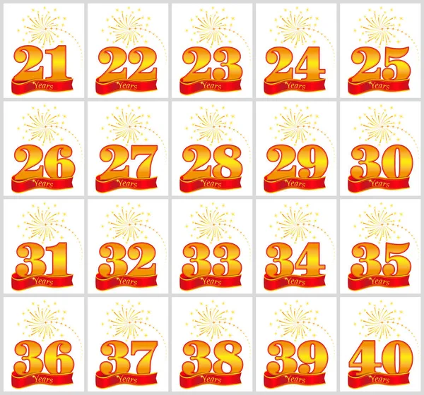 Set di numeri d'oro da 21 a 40 e la parola dell'anno sullo sfondo di un nastro rosso. Illustrazione vettoriale . — Vettoriale Stock