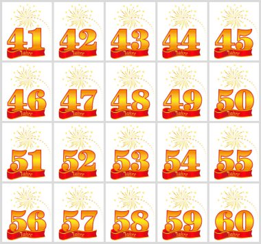 41 altın sayı kümesi 60 ve yıl word kırmızı kurdele arka plan üzerinde. Vektör çizim. Almanca - yıl tercüme