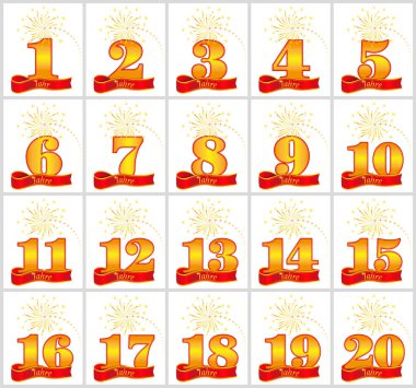 1 altın sayı kümesi 20 ve yıl word kırmızı kurdele arka plan üzerinde. Vektör çizim. Almanca - yıl tercüme