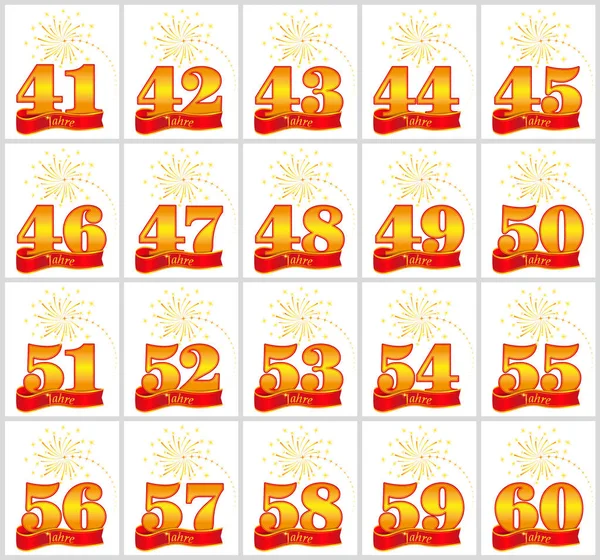 41 altın sayı kümesi 60 ve yıl word kırmızı kurdele arka plan üzerinde. Vektör çizim. Almanca - yıl tercüme