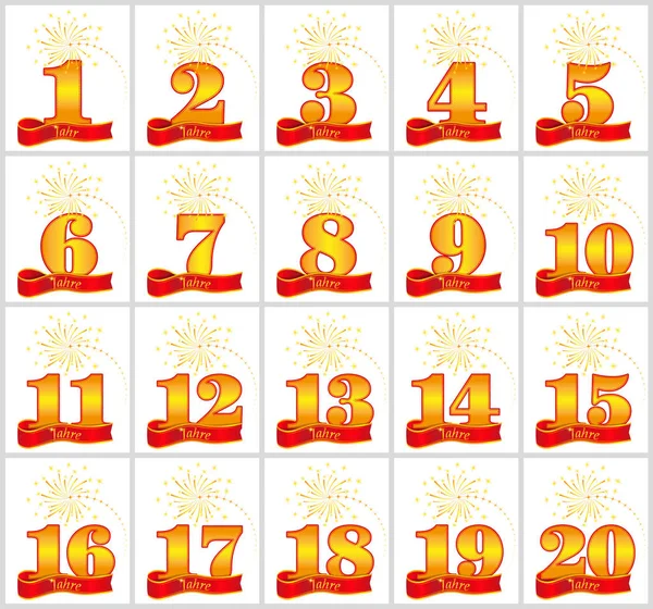 1 altın sayı kümesi 20 ve yıl word kırmızı kurdele arka plan üzerinde. Vektör çizim. Almanca - yıl tercüme