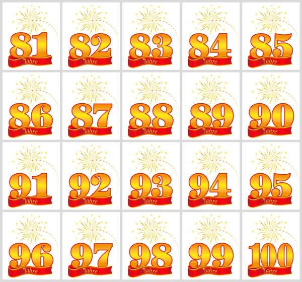 Set di numeri d'oro da 81 a 100 e la parola dell'anno sullo sfondo di un nastro rosso. Illustrazione vettoriale. Tradotto dal tedesco - Anni — Vettoriale Stock