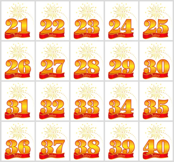 Set di numeri d'oro da 21 a 40 e la parola dell'anno sullo sfondo di un nastro rosso. Illustrazione vettoriale. Tradotto dal tedesco - Anni — Vettoriale Stock