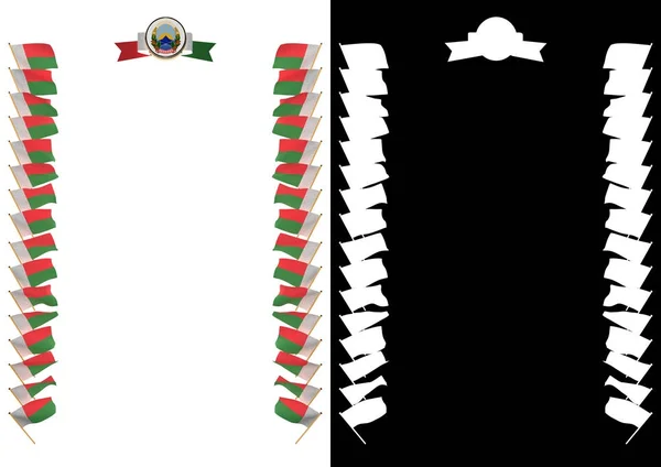 Telaio e bordo con bandiera e stemma Madagascar. Illustrazione 3d — Foto Stock