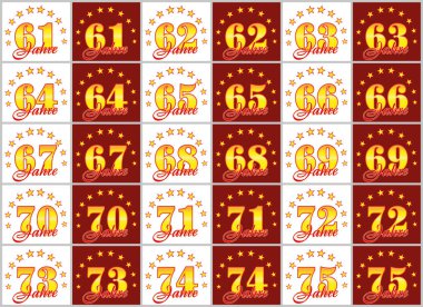 Altın kümesi 61 75'e numaralar ve kelime yılın yıldız bir daire ile dekore edilmiştir. Vektör çizim. --Dan Alman - yıl tercüme 