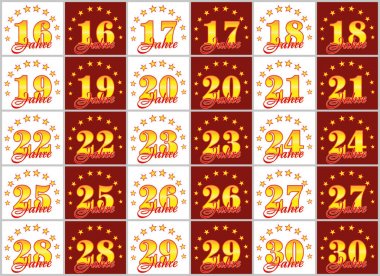 Altın dizi 16'dan 30'a numaralar ve kelime yılın yıldız bir daire ile dekore edilmiştir. Vektör çizim. --Dan Alman - yıl tercüme 