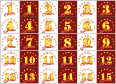 Altın kümesi 1'den 15'e numaralar ve kelime yılın yıldız bir daire ile dekore edilmiştir. Vektör çizim. --Dan Alman - yıl tercüme 