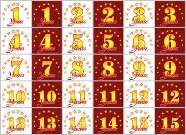 Altın kümesi 1'den 15'e numaralar ve kelime yılın yıldız bir daire ile dekore edilmiştir. Vektör çizim