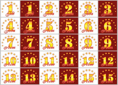 Altın kümesi 1'den 15'e numaralar ve kelime yılın yıldız bir daire ile dekore edilmiştir. Vektör çizim. Rusça - yıl çevrilmiş 