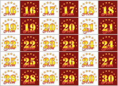 Altın dizi 16'dan 30'a numaralar ve kelime yılın yıldız bir daire ile dekore edilmiştir. Vektör çizim. Rusça - yıl çevrilmiş 