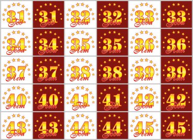 Altın kümesi 31 45'e numaralar ve kelime yılın yıldız bir daire ile dekore edilmiştir. Vektör çizim. Rusça - yıl çevrilmiş 