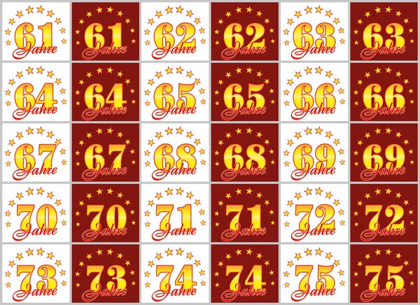 Altın kümesi 61 75'e numaralar ve kelime yılın yıldız bir daire ile dekore edilmiştir. Vektör çizim. --Dan Alman - yıl tercüme 