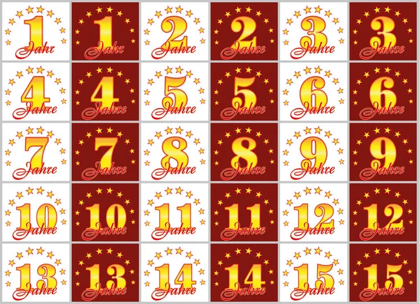 Altın kümesi 1'den 15'e numaralar ve kelime yılın yıldız bir daire ile dekore edilmiştir. Vektör çizim. --Dan Alman - yıl tercüme 