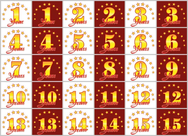 Altın kümesi 1'den 15'e numaralar ve kelime yılın yıldız bir daire ile dekore edilmiştir. Vektör çizim