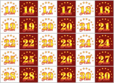 Altın dizi 16'dan 30'a numaralar ve kelime yılın yıldız bir daire ile dekore edilmiştir. Vektör çizim. Tercüme İspanyolca - yıl 