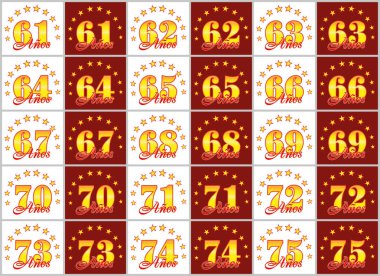 Altın kümesi 61 75'e numaralar ve kelime yılın yıldız bir daire ile dekore edilmiştir. Vektör çizim. Tercüme İspanyolca - yıl 