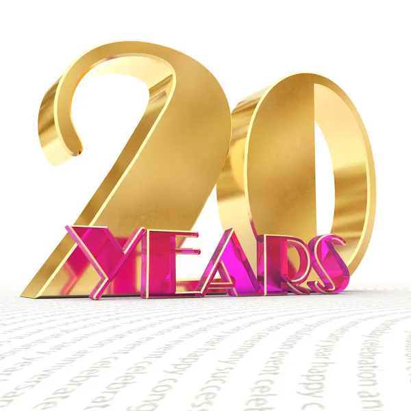 Goldene Zahl zwanzig (Zahl 20) und das Wort "Jahre" vor dem Hintergrund der Aussicht auf einen Grußtext. 3D-Illustration — Stockfoto