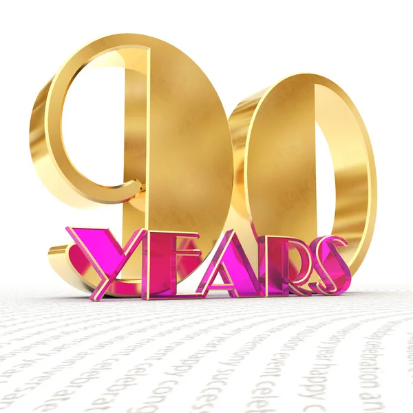 Golden nummer nittio (nummer 90) och ordet ”år” mot bakgrund av utsikterna hälsning text. 3D illustration — Stockfoto
