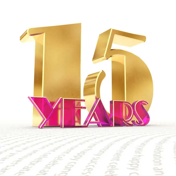 Gouden nummer vijftien (nummer 15) en het woord "jaar" tegen de achtergrond van het vooruitzicht groet tekst. 3D illustratie — Stockfoto