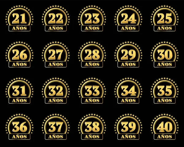 Conjunto de números de ouro de 21 a 40 e a palavra do ano decorada com um círculo de estrelas. Ilustração vetorial. Traduzido do espanhol - Anos — Vetor de Stock