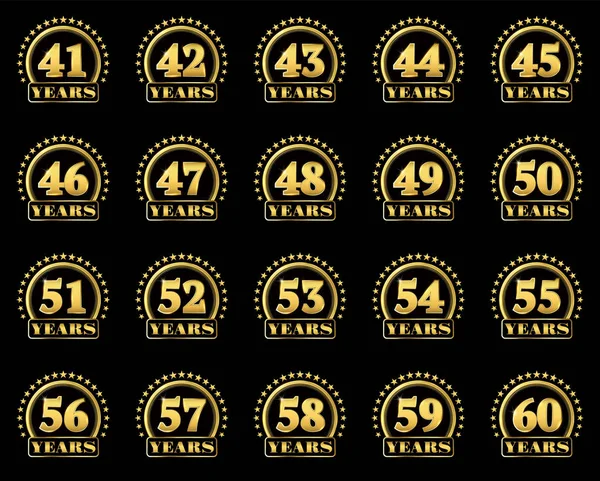 Szett arany számok a 41-60, és a szó-ból év díszített és csillagokból álló kör. Vektoros illusztráció. — Stock Vector