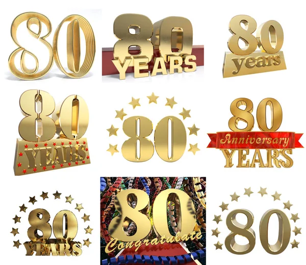 Uppsättning av nummer åttio år (80 år) firandet design. Årsdagen golden mall talelement för din födelsedagsfest. 3D illustration — Stockfoto
