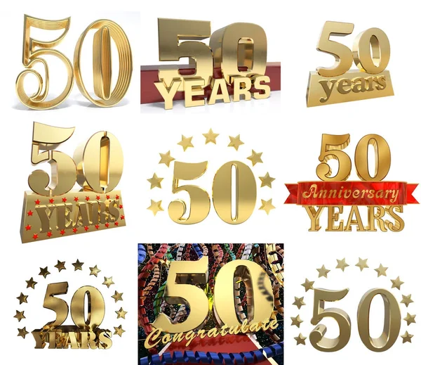Set of number fifty years (50 years) celebration design. Anniversary golden number template elements for your birthday party. 3D illustration