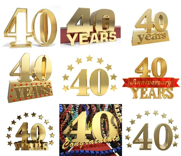 Conjunto de número quarenta anos (40 anos) celebração design. Anniversary golden number template elements for your birthday party. Ilustração 3D — Fotografia de Stock